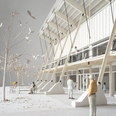 Blick auf die geplante Fassade des neuen Landi mit aufgeklapptem Dach, Verstrebungen und Fensterfront