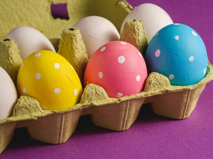 Drei bunte Ostereier in einem Eierkarton mit weissen Eiern auf knallig violettem Hintergrund.