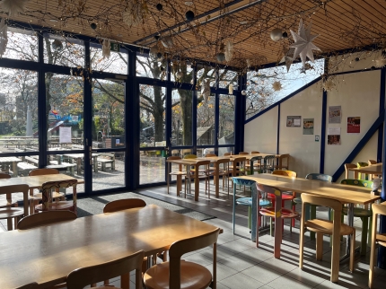 Novembersonne scheint ins Kaffi Landi, welches eine weihnächtliche Dekoration an der Holzdecke hat.